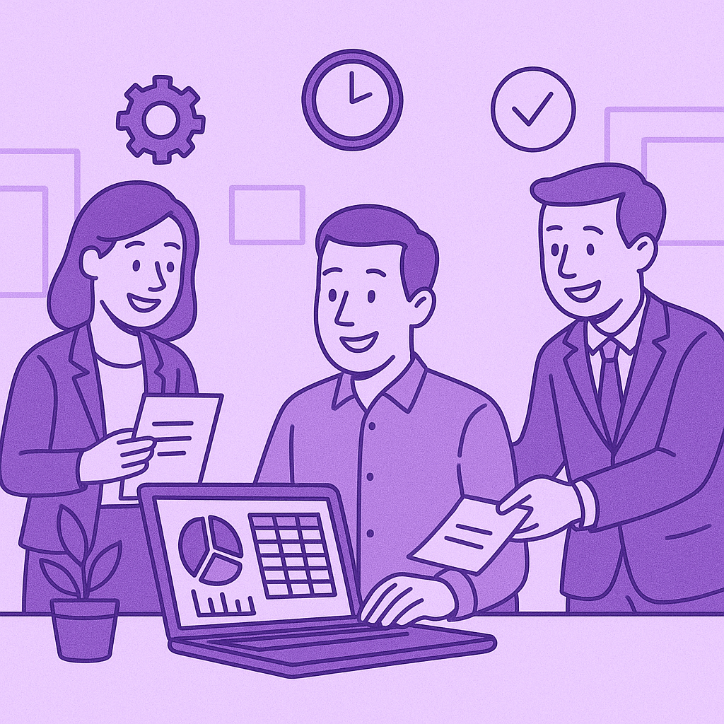 Planilhas personalizadas: Ilustração vetorial minimalista em tons de roxo mostrando três profissionais num escritório: uma mulher e dois homens, todos sorrindo e colaborando em torno de um laptop que exibe uma planilha personalizada com gráfico de pizza e tabela. Ícones lineares de engrenagem, relógio e marca de verificação aparecem ao fundo, simbolizando organização e eficiência.