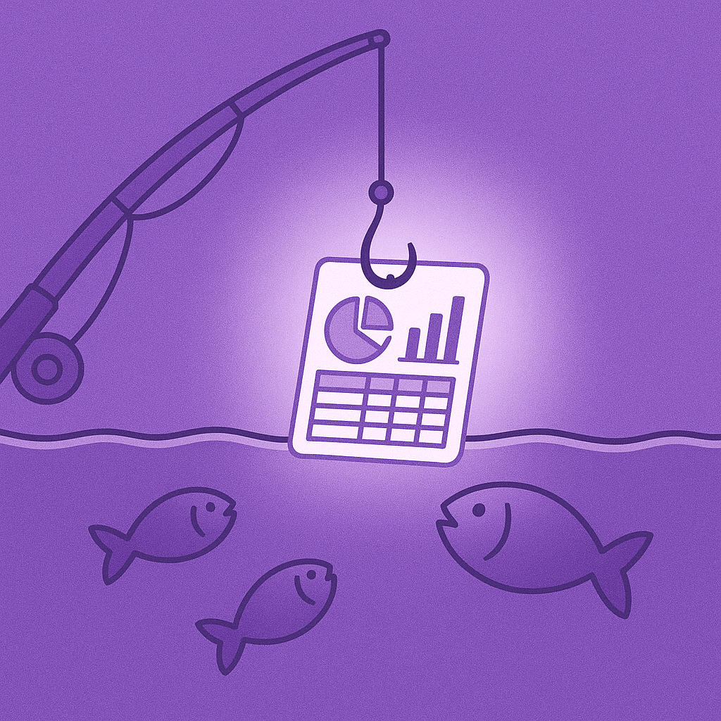 Planilhas personalizadas: Ilustração minimalista em tons de roxo mostrando uma vara de pesca no canto superior esquerdo, com um anzol logo abaixo da linha d’água segurando um dashboard de planilha que brilha. Sob a linha ondulada da superfície, três peixes nadam em direção ao dashboard-isca, simbolizando o poder de atração das planilhas personalizadas.
