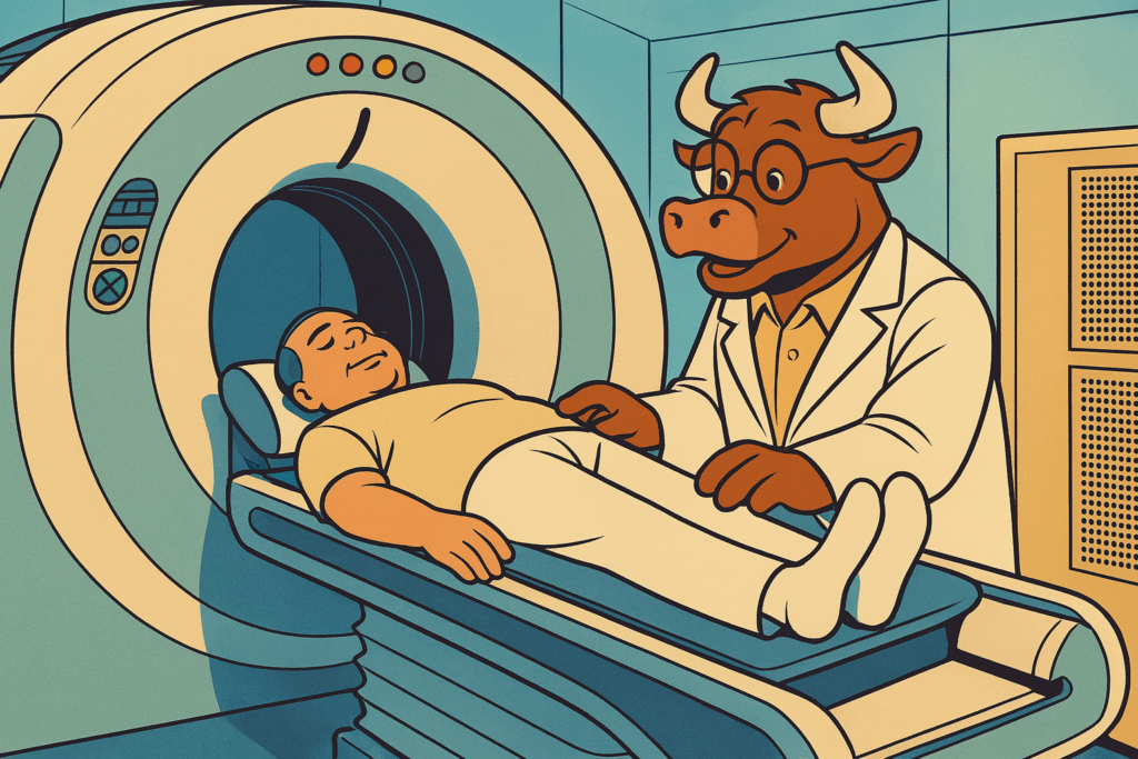 Terras raras: um gado antropomórfico operando uma máquina de ressonância magnética.