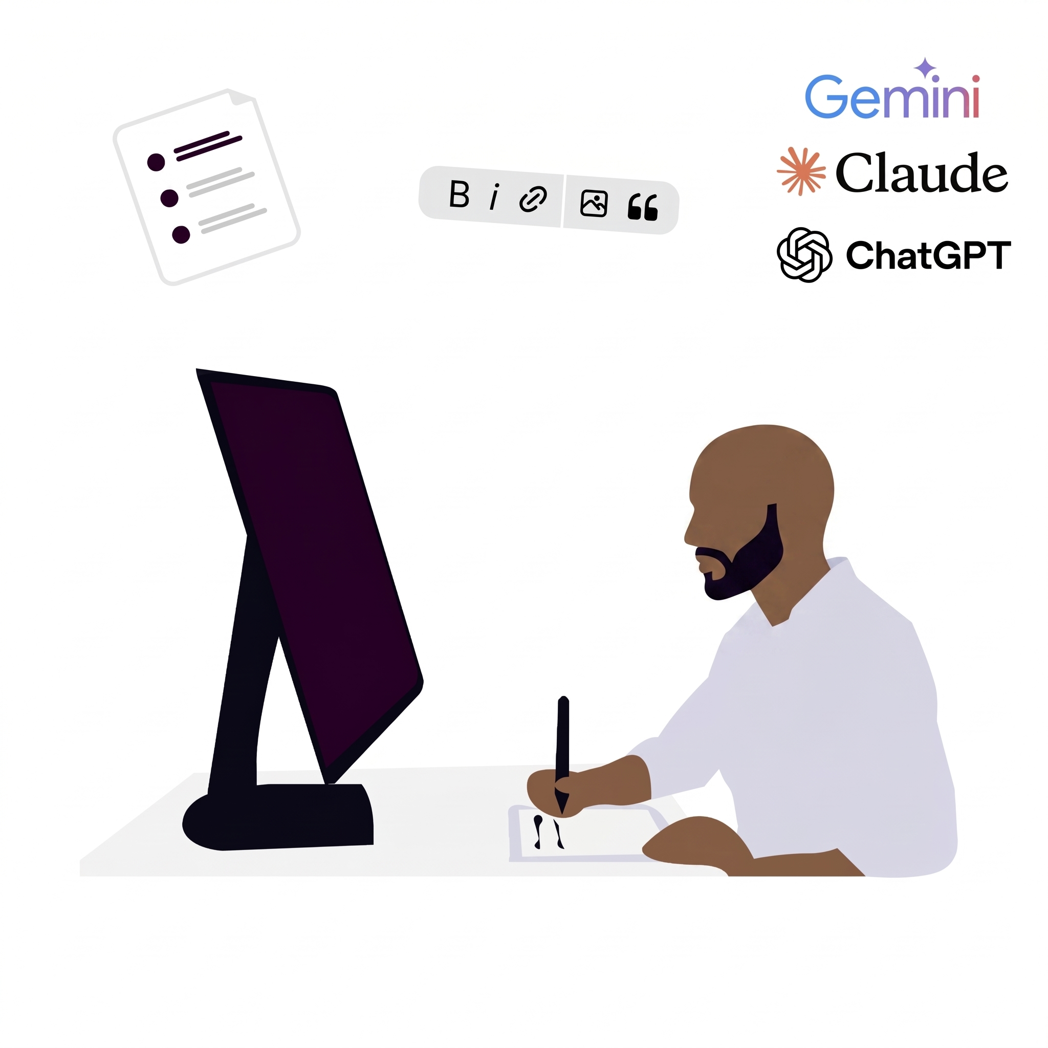 página de serviços do site Prazo Certo: Homem negro, careca, de barba, trabalhando e anotando algo para criar conteúdos sore IA generativa.