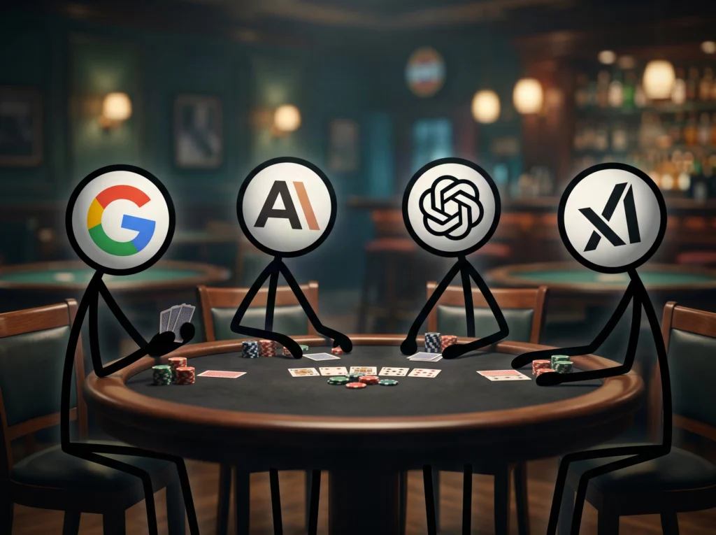 Ilustração que mescla personagens tipo boneco de palito com logos reais de big techs em IA generativa — Google, Anthropic, OpenAI e xAI (Grok) — sentados ao redor de uma mesa de pôquer, com fichas e cartas espalhadas. A cena reforça visualmente a metáfora da corrida competitiva entre as grandes empresas de tecnologia no desenvolvimento de modelos generativos, contextualizando por que todo prompt deve ser melhorado diante da constante evolução dessas plataformas.