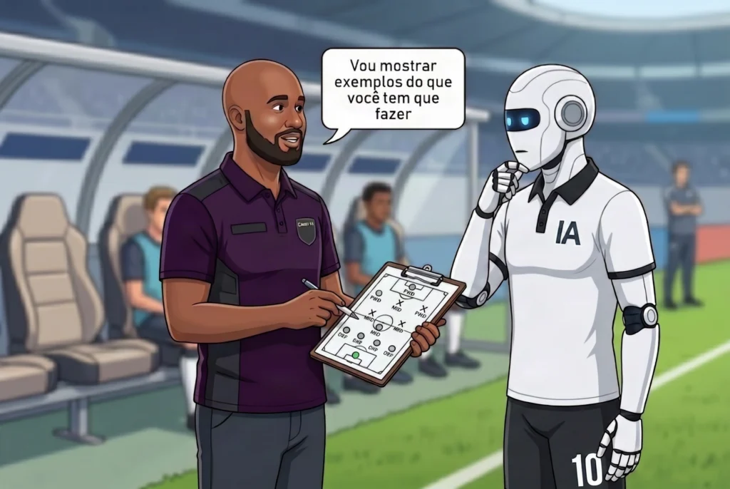 Manifesto GENAI: Ilustração no estilo cartoon de um técnico de futebol careca e barbudo segurando uma prancheta com esquema tático, conversando com um robô uniformizado com a sigla "IA" e o número 10. O técnico diz em um balão de fala: "Vou mostrar exemplos do que você tem que fazer". A cena em um estádio representa a técnica de few-shot prompting: fornecer exemplos concretos de saída esperada para a IA generativa, eliminando ambiguidades, reduzindo retrabalho e tornando os resultados mais precisos.