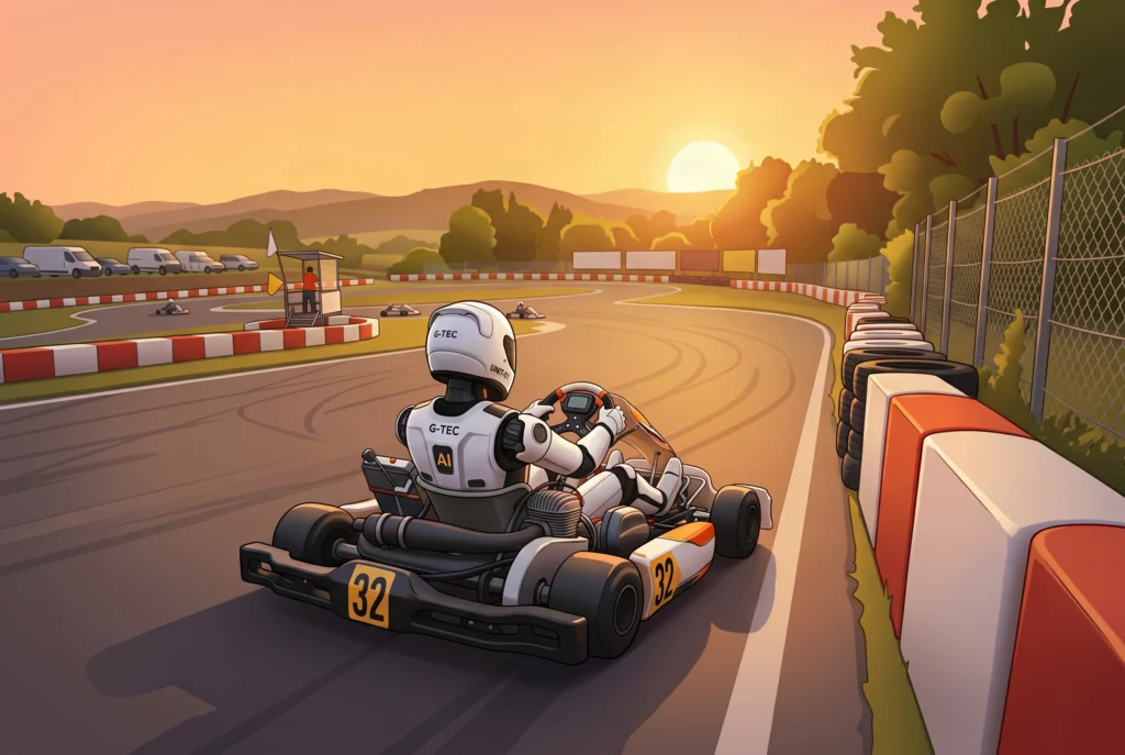 Ilustração no estilo cartoon de um robô com marcações "AI" e "G-TEC" pilotando um kart de número 32 em uma pista delimitada por barreiras de pneus e muretas, ao pôr do sol. A pista com suas bordas bem definidas serve como metáfora visual para os guardrails em engenharia de prompt: limites estabelecidos para manter a IA generativa dentro de parâmetros seguros, reduzir alucinações e garantir que o modelo execute tarefas com precisão e dentro das regras definidas.