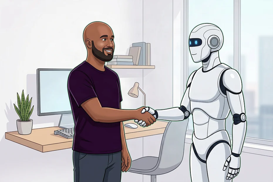 Ilustração no estilo cartoon de um homem careca com barba, vestindo camiseta roxa, apertando a mão de um robô branco humanóide em um ambiente de escritório moderno. Ao fundo, uma mesa com computador, teclado, luminária e estante com livros. A cena representa a parceria colaborativa entre humanos e inteligência artificial generativa — princípio central do manifesto que orienta sobre boas práticas de engenharia de prompt, cocriação com IA, responsabilidade sobre os resultados gerados e uso estratégico das ferramentas de IA no dia a dia.