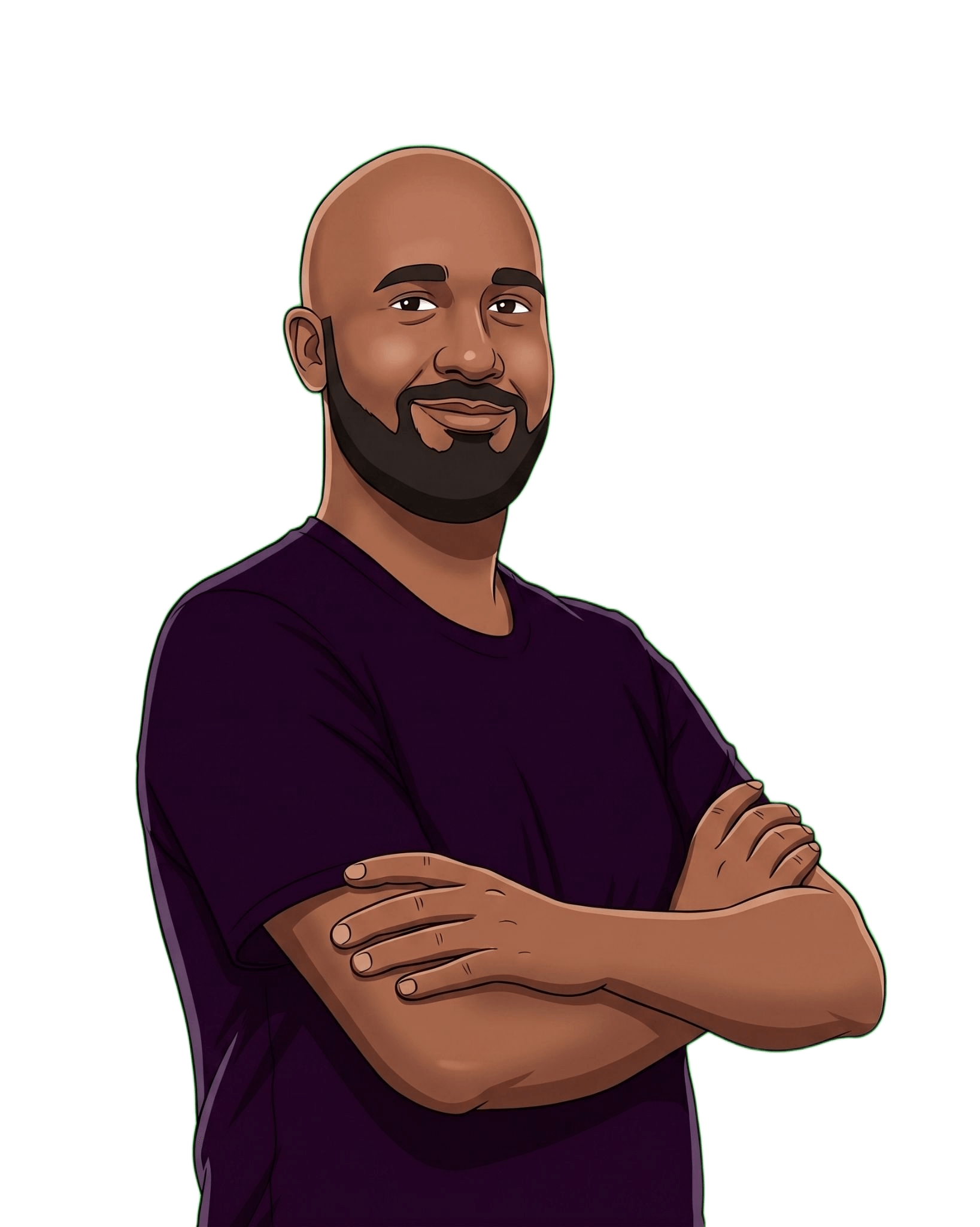 Mário Lúcio, dono do site Prazo Certo, em versão cartoon com os braços cruzados e usando uma camiseta roxa no tom de uma das cores da identidade visual do site.