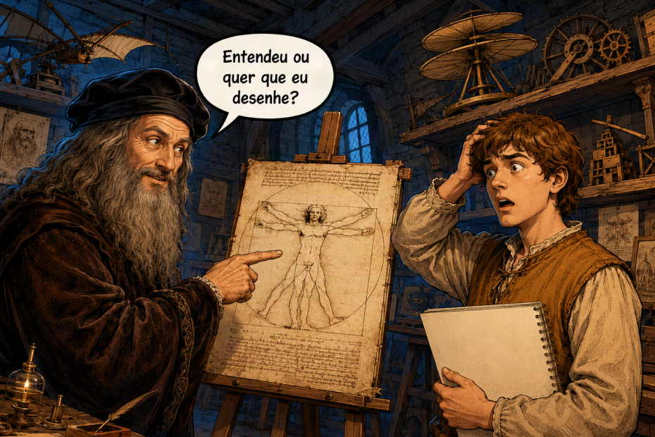 Ilustração estilo quadrinhos mostrando um homem idoso de barba longa e chapéu escuro — remetendo a Leonardo da Vinci — apontando para o Homem Vitruviano em um cavalete, enquanto diz em balão de fala "Entendeu ou quer que eu desenhe?". À direita, um jovem surpreso segura um caderno. O cenário é um ateliê renascentista com invenções nas prateleiras. A imagem ilustra o princípio de que o óbvio também precisa ser dito ao usar IA generativa, reforçando a importância de tornar explícito o que se quer comunicar nos prompts.
