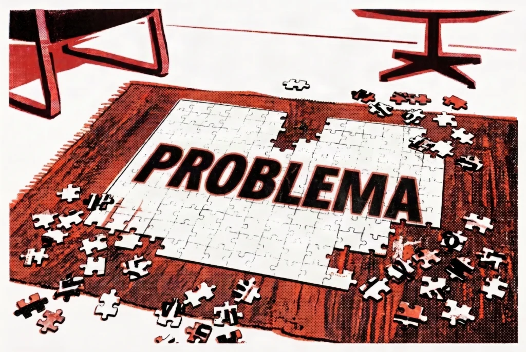 Manifesto GENAI: Ilustração no estilo quadrinhos em tons de vermelho e preto de um quebra-cabeça sobre um tapete, visto de cima. A parte central já está montada e exibe a palavra "PROBLEMA" em letras maiúsculas, enquanto diversas peças ainda estão espalhadas ao redor, por montar. A imagem representa visualmente o princípio do pensamento computacional: decompor um problema complexo em partes menores — base para construir bons prompts, sistemas agênticos e softwares de forma estruturada e eficiente.