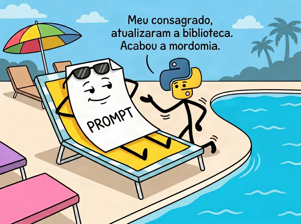Ilustração em estilo cartoon de um personagem-prompt antropomorfizado, representado por uma folha de papel com óculos escuros e expressão relaxada, deitado em uma espreguiçadeira à beira de uma piscina. Um boneco de palito com o logo do Python na cabeça se aproxima dizendo: "Meu consagrado, atualizaram a biblioteca. Acabou a mordomia." A cena ilustra com humor um dos sinais de prompt obsoleto: quando atualizações de bibliotecas ou versões de linguagens de programação comprometem o resultado esperado, exigindo revisão do prompt.