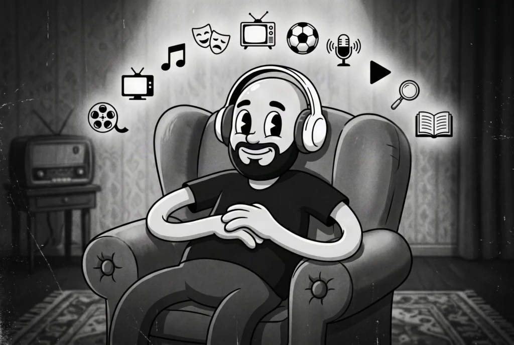 Manifesto GENAI: Ilustração em preto e branco no estilo cartoon de um homem careca com barba, usando headphones, sentado confortavelmente em uma poltrona. Ao redor de sua cabeça flutuam ícones representando diferentes formas de repertório cultural: filme, música, teatro, televisão, futebol, podcast, livro, lupa e botão de play. A imagem reforça a ideia de que a criatividade e a geração de conteúdo com IA — textos humanizados, imagens realistas e áudios com personalidade — são alimentadas pelo repertório acumulado ao longo da vida.