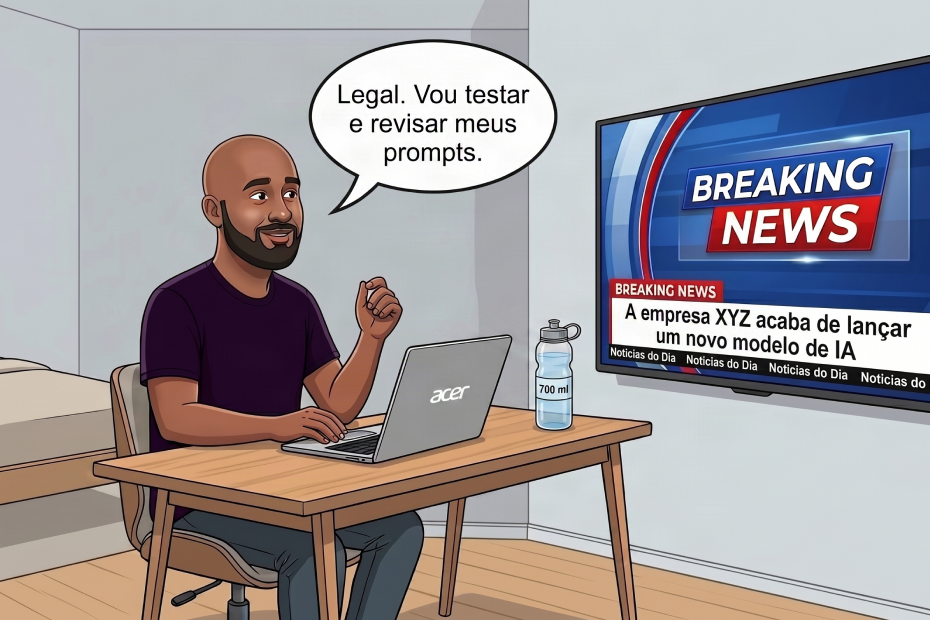 Ilustração em estilo cartoon de um homem negro, careca e com barba, sentado em uma cadeira de escritório diante de um notebook Acer sobre uma mesa de madeira. Ele gesticula com a mão direita enquanto diz em um balão de fala: "Legal. Vou testar e revisar meus prompts." Ao fundo, uma televisão exibe um telejornal com a manchete "A empresa XYZ acaba de lançar um novo modelo de IA", reforçando o princípio de que todo prompt deve ser melhorado diante das constantes novidades em IA generativa.