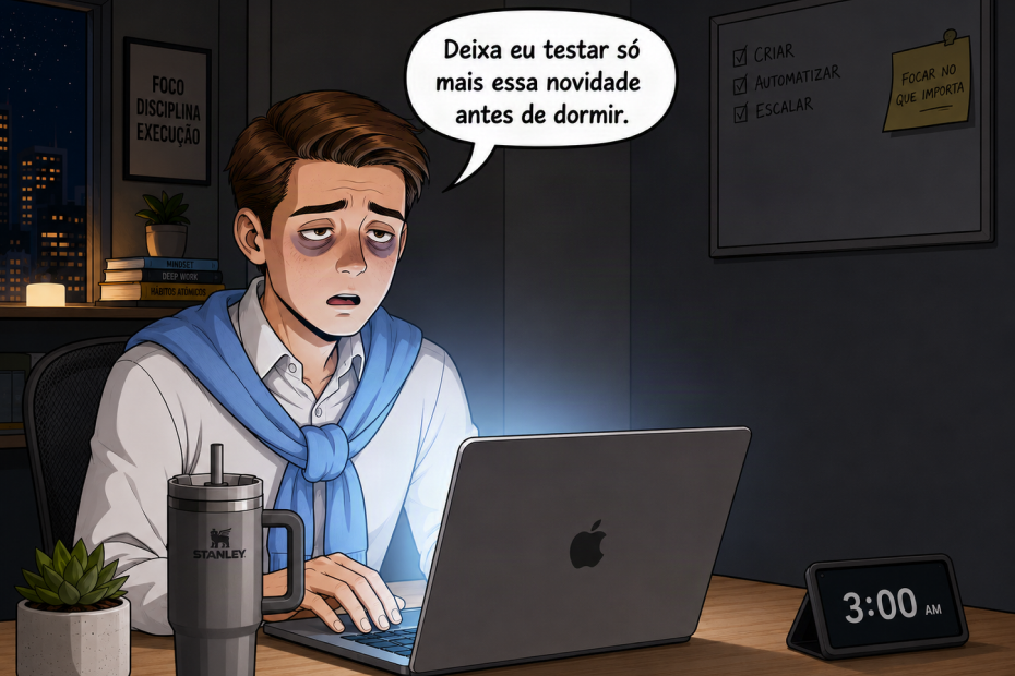 Ilustração no estilo cartoon de um jovem visivelmente cansado, com olheiras pronunciadas e blusa azul, sentado à mesa às 3h da manhã em frente a um MacBook Apple. Um balão de fala diz: "Deixa eu testar só mais essa novidade antes de dormir.". Ao fundo, cartazes com "Foco, Disciplina, Execução" e lista de produtividade. A cena representa o comportamento de FOMO na Era da IA generativa, reforçando a necessidade de maturidade e curadoria crítica diante do hype constante de novas ferramentas.