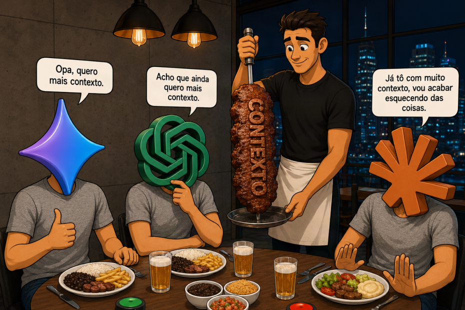 Ilustração animada com humor que representa três modelos de IA generativa — identificados pelos logos do Claude, ChatGPT e Anthropic — sentados à mesa de um rodízio brasileiro sendo servidos de "CONTEXTO" em um espeto pelo garçom. Os balões de fala evidenciam a relação dos modelos com a janela de contexto: dois pedem mais contexto e um já admite excesso, reforçando os conceitos de degradação de contexto e alucinação abordados no artigo sobre engenharia de contexto e engenharia de prompt para IAs generativas.