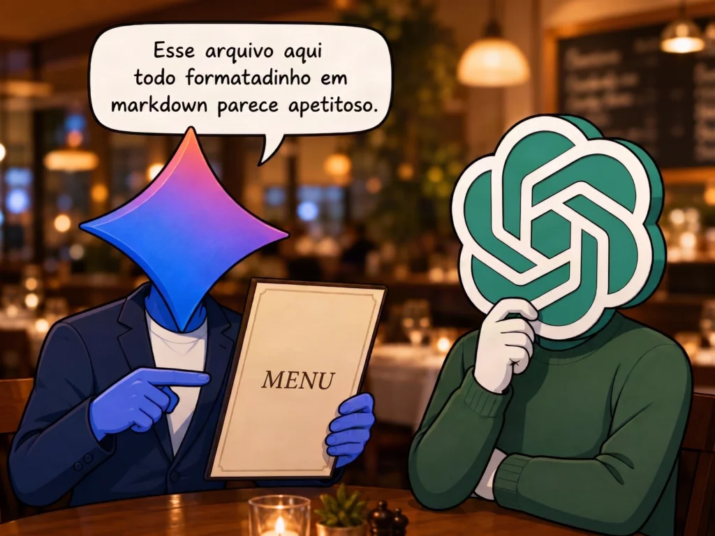 Ilustração estilo cartoon com dois personagens humanoides sentados em um restaurante sofisticado. O personagem da esquerda tem o logotipo do Gemini como cabeça, usa terno azul e segura um cardápio, apontando para ele enquanto diz: "Esse arquivo aqui todo formatadinho em markdown parece apetitoso." O da direita tem o logotipo do ChatGPT como cabeça e observa atentamente. A cena metaforiza a importância de documentar resultados em markdown para gerar contexto de qualidade e alimentar novas conversas com IAs generativas.