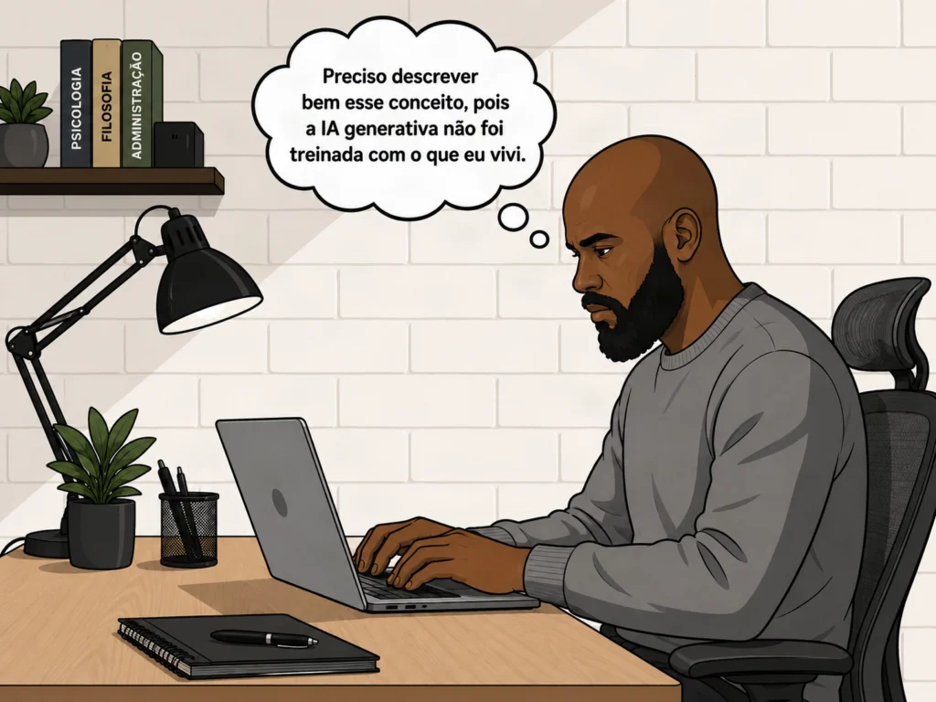 Ilustração em estilo de quadrinhos de um homem negro careca com barba digitando em um notebook em uma mesa de trabalho organizada. Ao fundo, uma estante com livros de Psicologia, Filosofia e Administração. Um balão de pensamento revela: "Preciso descrever bem esse conceito, pois a IA generativa não foi treinada com o que eu vivi." A cena representa a necessidade de verbalizar o próprio repertório de vida nos prompts, já que modelos generativos operam apenas a partir do contexto explícito que recebem.