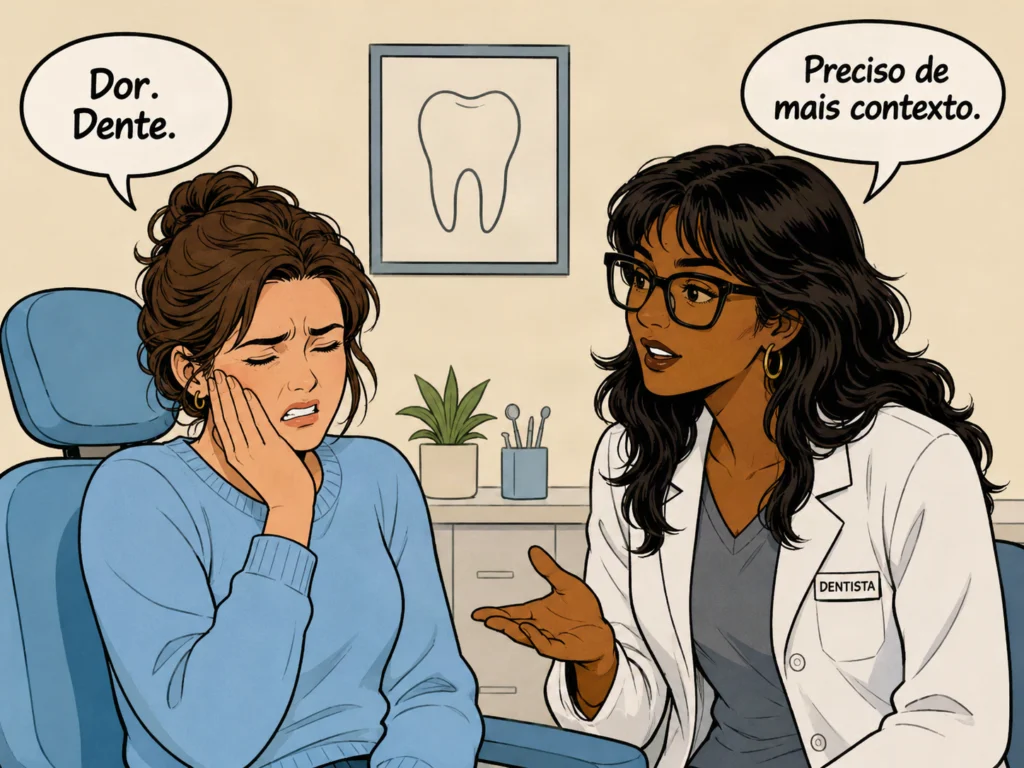 Ilustração em estilo de história em quadrinhos ambientada em um consultório odontológico. Uma paciente, segurando o rosto com expressão de dor, fala apenas "Dor. Dente." enquanto a dentista, de jaleco branco e óculos, responde "Preciso de mais contexto." A cena visualiza a analogia usada no artigo para explicar a importância do contexto na comunicação com IAs generativas: assim como a dentista precisa de mais dados para analisar o problema, modelos generativos necessitam de informações detalhadas no prompt para entregar respostas precisas e minimizar alucinações.