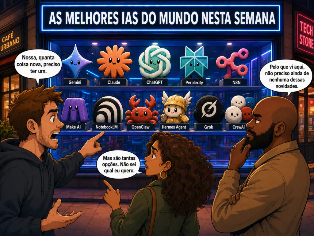 Ilustração no estilo cartoon de três pessoas diante de uma vitrine de tech store exibindo mascotes de ferramentas de IA generativa como Gemini, Claude, ChatGPT e Perplexity, sob o letreiro "As melhores IAs do mundo nesta semana". Cada personagem representa um comportamento distinto: o homem à esquerda exibe FOMO ao querer todas as novidades, a mulher ao centro demonstra FOBO diante do excesso de opções, e o homem à direita pratica JOMO ao concluir que não precisa de nenhuma delas ainda. Ou seja, uma ilustração que representa bem a premissa do post de que a novidade de hoje nem sempre é útil.