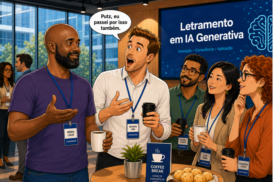 Ilustração em estilo de história em quadrinhos com cinco profissionais reunidos em um coffee break durante um evento corporativo sobre "Letramento em IA Generativa". Em destaque, um homem negro de camiseta roxa e um homem branco de camisa branca conversam. O homem branco, expressando surpresa com os olhos arregalados, diz em um balão: "Putz, eu passei por isso também". Ao fundo, três profissionais sorriem e escutam atentamente. A imagem ilustra perfeitamente o conceito de networking e compartilhamento de vivências discutido no artigo, evidenciando que nem todas as experiências são individuais.