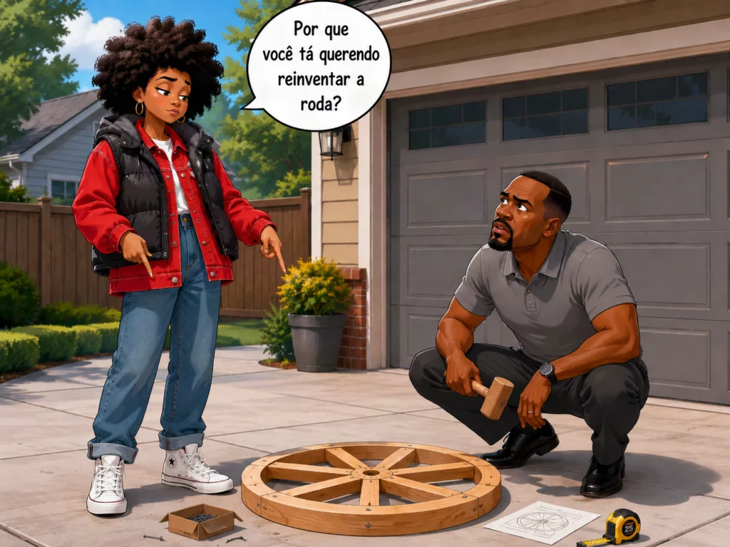 Nem todas as experiências são individuais: Ilustração estilo cartoon com dois personagens em uma garagem. Uma jovem com cabelo afro, jaqueta vermelha e tênis Converse aponta para um homem agachado, que segura um maço de madeira enquanto monta uma roda artesanal no chão. Ao lado, há pregos e uma trena. A fala em destaque: "Por que você tá querendo reinventar a roda?". A cena ilustra o desperdício ao ignorar soluções já testadas, reforçando os riscos do débito técnico com IA generativa e vibe coding.