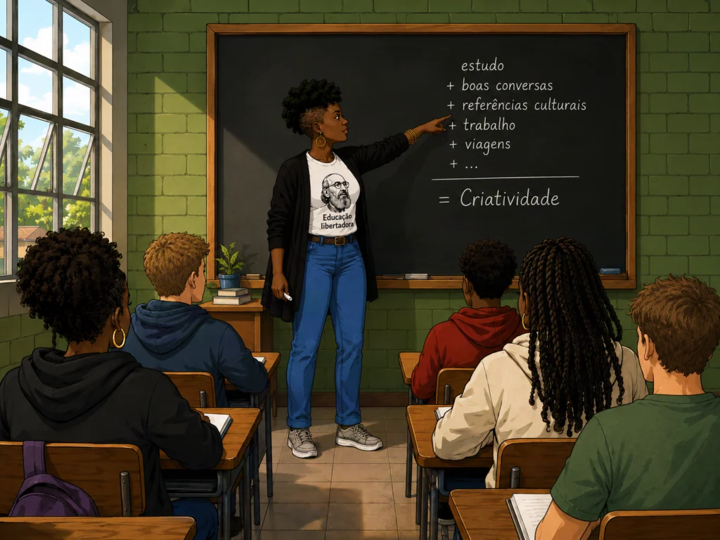 Ilustração estilo animação de uma professora negra com cabelo natural apontando para um quadro-negro em uma sala de aula com alunos diversos, onde está escrita uma equação que soma estudo, boas conversas, referências culturais, trabalho e viagens resultando em criatividade. A professora usa uma camiseta com a frase "Educação libertadora". A cena reforça visualmente a ideia central do artigo: o repertório de vida é a matéria-prima da criatividade e qualifica o direcionamento de IAs generativas.