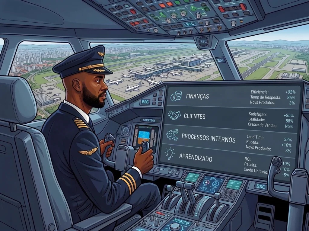 Ilustração de piloto negro uniformizado, com quepe e distintivo de asas, conduzindo a aeronave na cabine de comando enquanto observa a pista e o aeroporto pela janela. No painel digital ao lado, um dashboard exibe as quatro perspectivas do Balanced Scorecard: Finanças, Clientes, Processos Internos e Aprendizado, com indicadores de eficiência, satisfação, lead time e ROI. A metáfora do cockpit representa o BSC como painel de controle estratégico para conduzir projetos práticos de IA generativa.