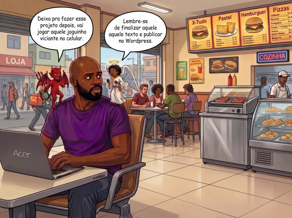 Ilustração de homem negro de camiseta roxa digitando em um notebook dentro de uma lanchonete movimentada, com cardápios de hambúrguer, pastel e pizza ao fundo. Sobre seus ombros, um diabinho vermelho sugere adiar o projeto para jogar no celular, enquanto um anjo o lembra de finalizar o texto e publicar no WordPress. A cena representa o conflito interno da procrastinação diante de tarefas e o esforço de se tornar uma pessoa orientada a projetos práticos.