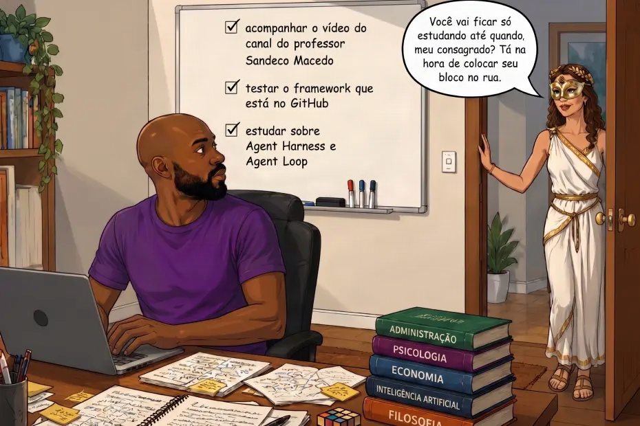 Ilustração de homem negro careca, de camiseta roxa, sentado à mesa com notebook e anotações, enquanto uma musa grega de máscara dourada o provoca na porta: "Você vai ficar só estudando até quando, meu consagrado? Tá na hora de colocar seu bloco na rua.". No quadro branco, tarefas de estudo sobre IA generativa marcadas; ao lado, pilha de livros de Administração, Psicologia, Economia, Inteligência Artificial e Filosofia. A cena representa a armadilha do acúmulo passivo de teoria e o chamado para transformar conhecimento em projetos práticos e entregas reais.