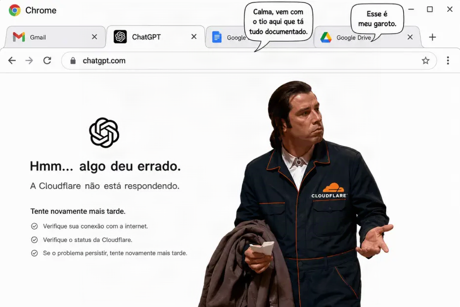 Captura de tela do navegador Chrome com abas abertas de Gmail, ChatGPT, Google Docs e Google Drive. A página do ChatGPT exibe a mensagem de erro "Hmm... algo deu errado. A Cloudflare não está respondendo". Ao lado, o meme do John Travolta confuso, usando o uniforme com a logomarca da Cloudflare. Enquanto isso, balões de fala nas abas brincam com a situação. A imagem ilustra o artigo sobre documentar seus resultados de IA generativa em arquivos próprios, garantindo autonomia diante de quedas de plataformas.