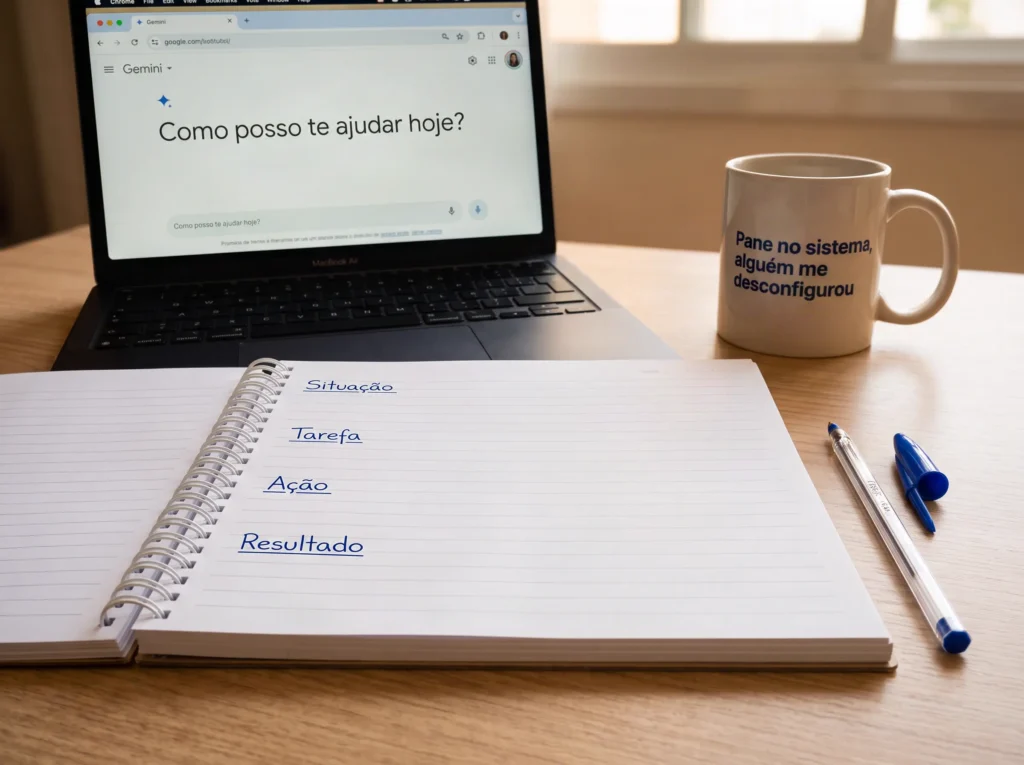 Foto de uma mesa de madeira com caderno pautado aberto e as etapas do método STAR escritas à mão em caneta azul: Situação, Tarefa, Ação e Resultado. Ao lado, uma caneta azul destampada e uma caneca com a frase "Pane no sistema, alguém me desconfigurou". Ao fundo, um notebook exibe a tela inicial do Gemini com a pergunta "Como posso te ajudar hoje?". A imagem ilustra o post sobre usar o método STAR para documentar resultados e interações com IA generativa.
