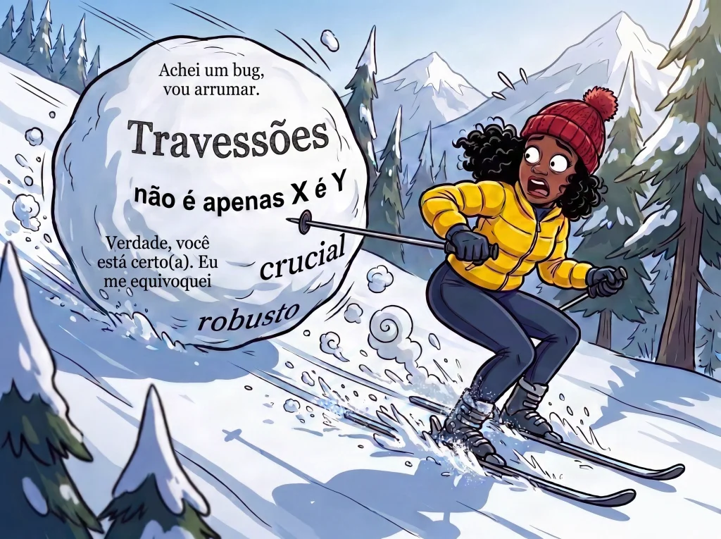 Ilustração em estilo cartoon de uma mulher negra de gorro vermelho e jaqueta amarela esquiando em pânico montanha abaixo, perseguida por uma bola de neve gigante. Na bola aparecem frases e vícios típicos de IA generativa: "Achei um bug, vou arrumar", "Travessões", "não é apenas X é Y", "Verdade, você está certo(a). Eu me equivoquei", além de "crucial" e "robusto". A cena ilustra o efeito bola de neve de alucinações e o retrabalho gerado por chats longos com contexto ruim.