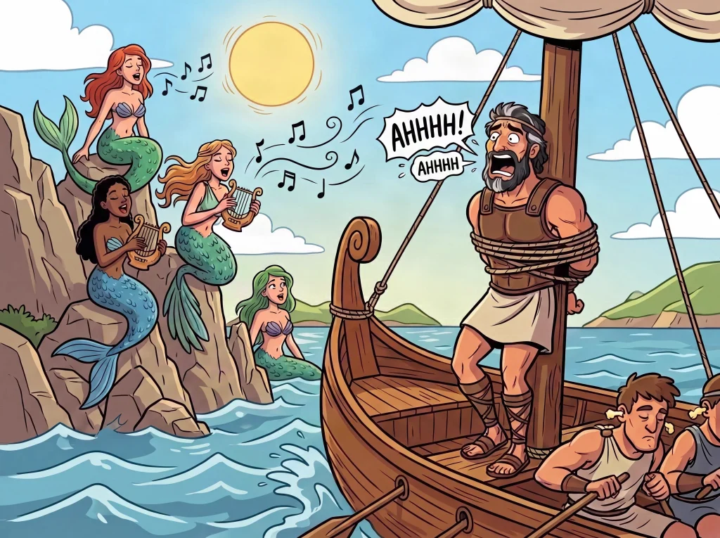 Ilustração em estilo cartoon da Odisseia de Homero. Odisseu aparece amarrado ao mastro de um barco de madeira, gritando "AHHHH!" enquanto quatro sereias com caudas verdes e azuis cantam e tocam liras sobre as rochas. Os remadores seguem com os ouvidos tapados com cera. A imagem acompanha a dica de mapear dependências lógicas e reforça que a distância entre o problema e a solução costuma ser menor do que parece quando você decompõe o problema em partes menores desde o início.