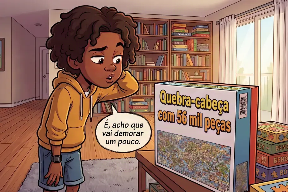 Ilustração em estilo cartoon de uma criança negra de cabelo cacheado e moletom amarelo, em uma sala de estar com estantes de livros, observando com espanto uma caixa de quebra-cabeça sobre a mesa. A embalagem diz "Quebra-cabeça com 56 mil peças" e o balão de fala da criança traz: "É, acho que vai demorar um pouco". A cena abre o artigo sobre decompor o problema em partes menores e representa a paralisia diante de uma demanda que parece grande demais.