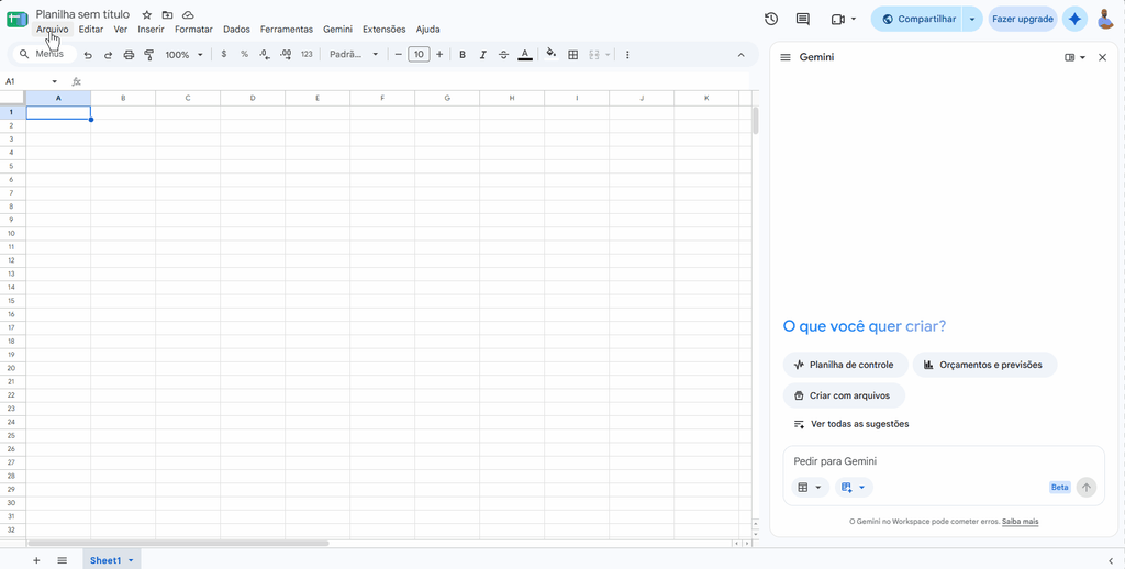 Imagem que mostra o início da importação manual de um arquivo .csv no Google Sheets, com o painel lateral do Gemini aberto à direita. A gravação percorre os seis passos da solução relatada no artigo: clicar no menu Arquivo, escolher Importar, selecionar o arquivo, clicar em Inserir, marcar a opção de substituir dados na célula selecionada e confirmar a importação. A demonstração comprova que nem toda tarefa exige IA generativa e reforça a decisão de decompor o problema antes de executar.