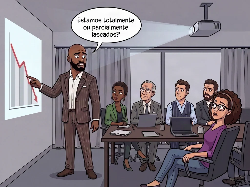 Ilustração em estilo cartoon de uma reunião corporativa em sala com projetor. Um homem negro, careca e de barba, em terno risca de giz marrom, aponta para um gráfico com linha vermelha em queda acentuada. Seu balão de fala pergunta: "Estamos totalmente ou parcialmente lascados?". Cinco colegas sentados à mesa, com laptops e cadernos, observam preocupados. A imagem ilustra a seção sobre como medir a gravidade de um problema e a priorização de riscos pela Matriz GUT antes da execução.