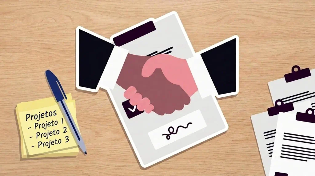 Ilustração sobre mesa de madeira com documento central de contrato em prancheta, destacando aperto de mãos entre dois profissionais de terno e linha de assinatura com visto de aprovação. Ao lado esquerdo, bloco de notas amarelo adesivo com a lista Projetos 1, 2 e 3 junto a uma caneta esferográfica azul. À direita, pranchetas com relatórios comerciais. A imagem simboliza o fechamento de parcerias e o alinhamento de propostas após o primeiro contato comercial na página oficial da Prazo Certo.